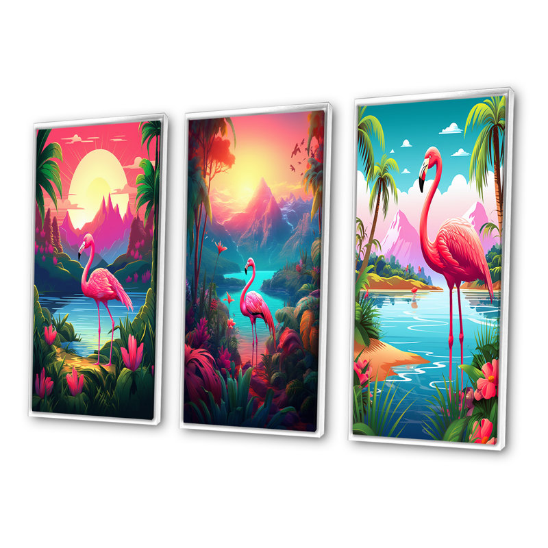 «Pink Flamingo In Tropical Landscape», 3 pièces sur toile, Cadre blanc, H 40 po x l 60 po