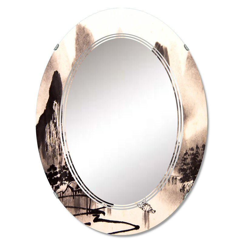 Paysage d'eau monochrome chinois - miroir mural traditionnel ovale, 30 po x 20 po