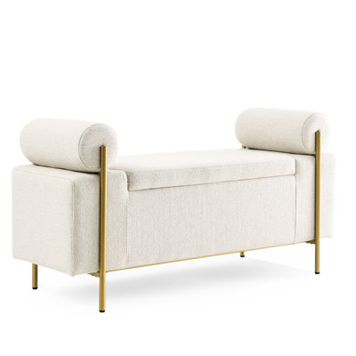 Elegant Upholstered Bench With Cylindrical Arms And Reliable Iron Leg Assembly In Beige For Living Room Bedroom Hallway Storage Legs Hallway, Soft Comfortable