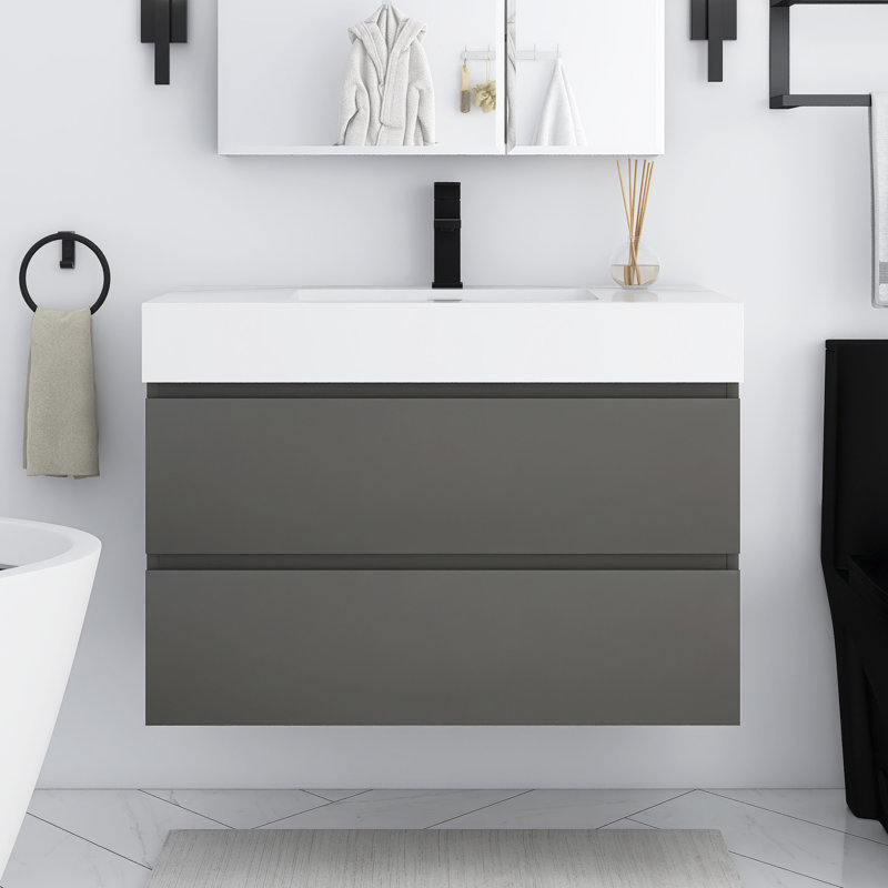 36'' Wall-Mounted Bathroom Vanity with Integrated Solid Surface Sink, Gray