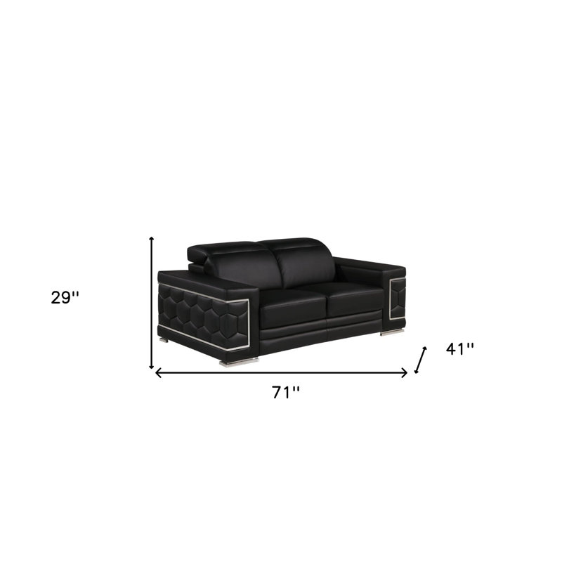 71" Black And Silver Genuine Leather Loveseat