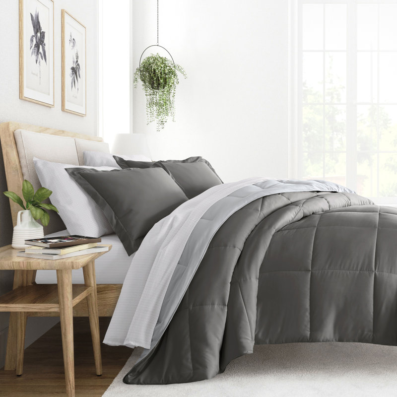 7-Piece Reversible Bedding Bundle - Solid Comforter and Patterned Sheet Set, Gray Striped