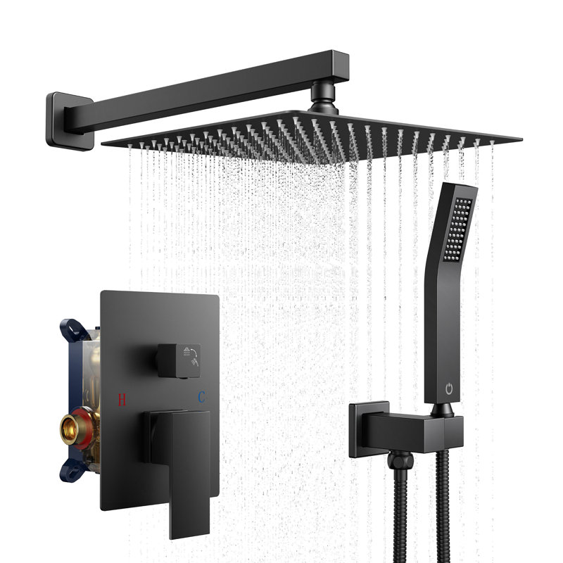 12 inch Bathroom Wall Mounted Rainfall Shower Head System with Faucet Rough-in Valve Body and Trim, Black