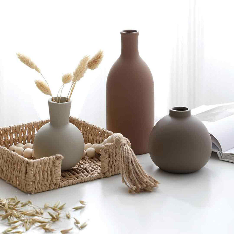 Set of 3 Brown and Beige Ceramic Vases