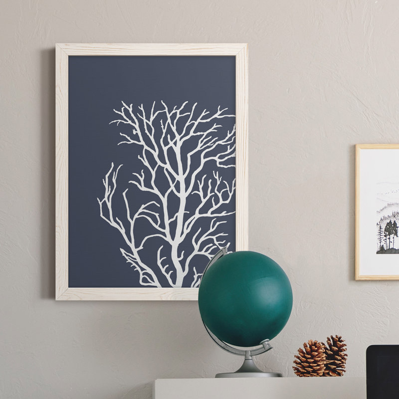 Coraux blancs sur toile indigo bleue C de qualité supérieure - prêts à être accrochés, Cadre blanc