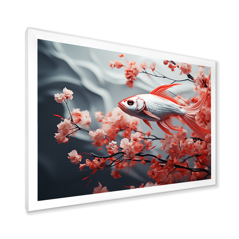 " Red And Grey Kois Fish Swimming With Serenity II ", White Single Picture Framed, 16" H x 32" W x 1" D