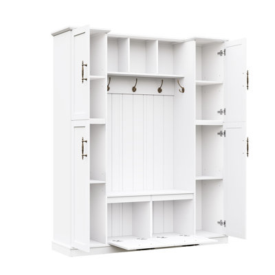 Farmhouse Elegant Hall Tree with 4 Side Cabinets