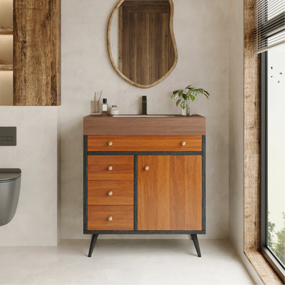Mid-Century Modern Free-Standing Bathroom Vanity With Ceramic Sink &  Sintered Stone Top