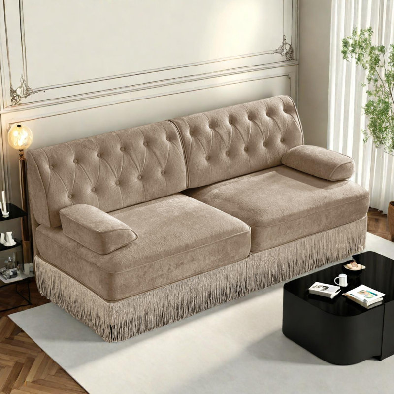 Canapé Chesterfield en velours doux avec motif touffeté et jupe à franges, Chameau