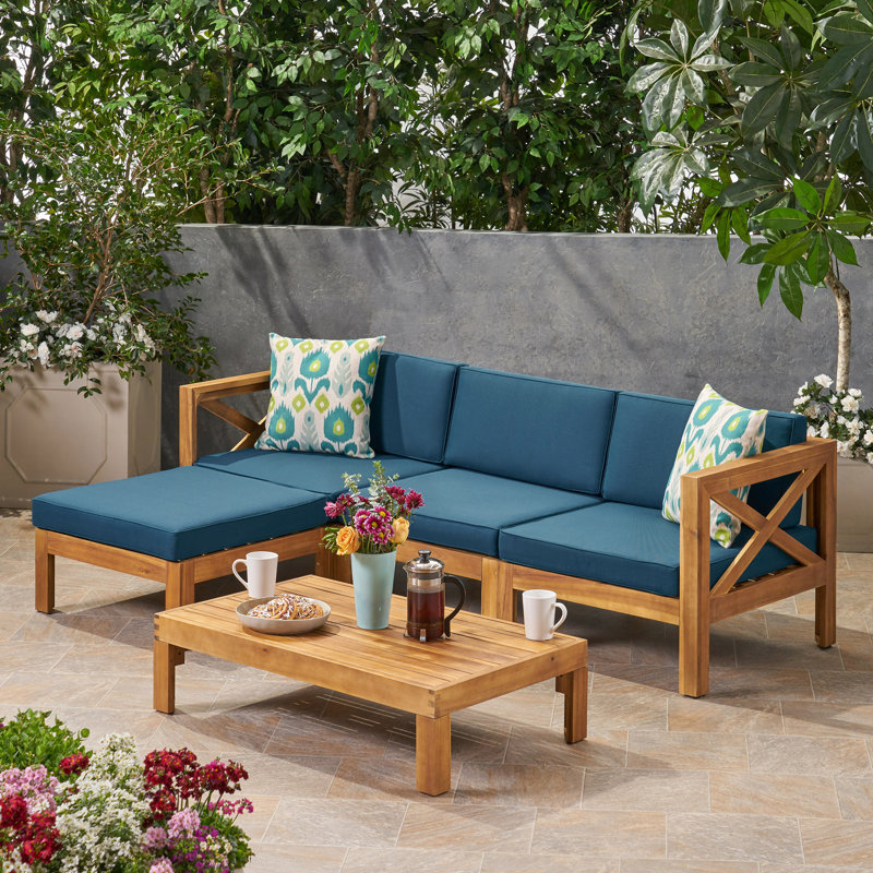 ENSEMBLE DE CANAPÉ ALCOVE LSHAPE, Teck, Coussin bleu / structure en teck