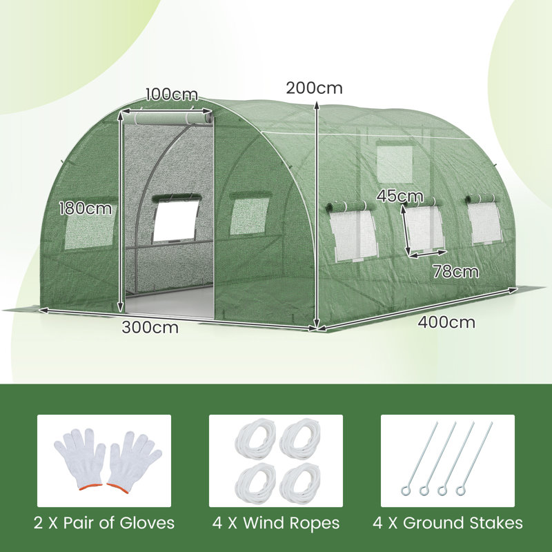 400 X 300 X 200 Cm Outdoor Walk-In Tunnel Greenhouse Roll-Up Windows-Green