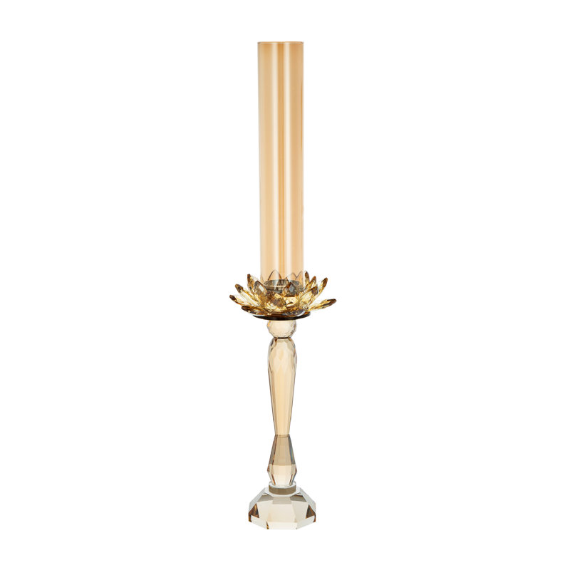 Porte-bougie en verre ambré 26 po avec motif de fleurs de lotus à facettes, porte-bougie Art déco pour table, manteau de cheminée ou centre de table 