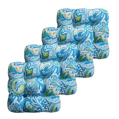 Premium Thick Comfy Patio Seat Pads Fiber Fill Tufted Tie-Less Pillows 19 x 19 x 4 Inch Textured Printed Cover Indoor Outdoor Chair Cushions, 4 Count Pack Blue Paisley Floral