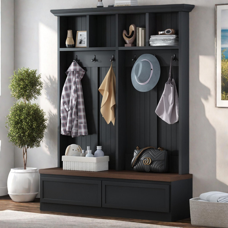 Arbre d'entrée 4 en 1 avec banc Farmhouse, 2 tiroirs et 6 crochets Farmhouse, Black + Dark Walnut