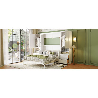 Lit escamotable Boden Modern Farmhouse avec armoires latérales, tiroirs et tablettes, conception peu encombrante