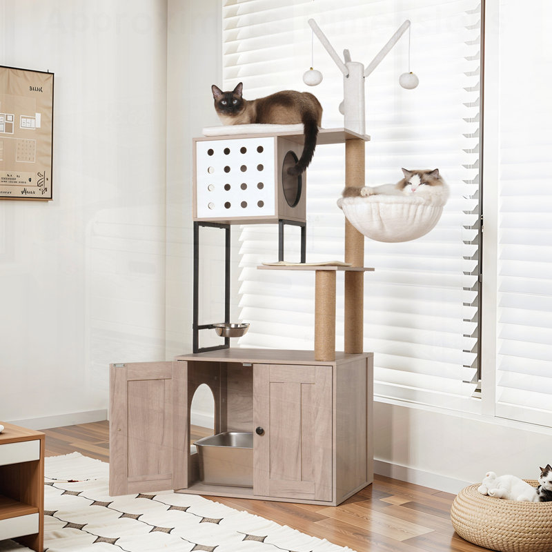 Arbre à chat avec bac à litière - maisonnette pour chat moderne avec poteaux à griffer, bol d'alimentation et bâtons de pompons amovibles