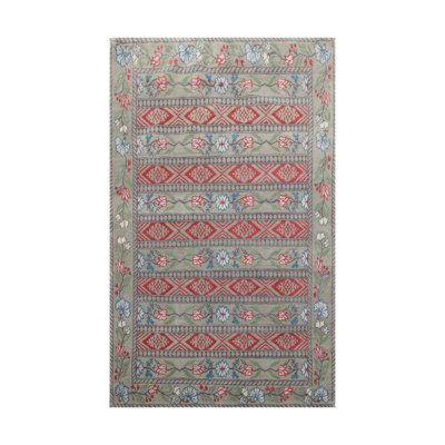 Tapis gris céladon à motif oriental en laine noué à la main 4 pi x 6 pi Isabelline, gris