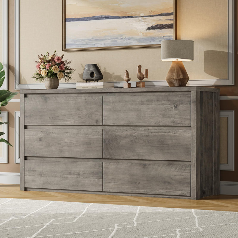 Commode 6 tiroirs sans poignée, commode de rangement moderne en bois pour chambre à coucher, salon, finition grise