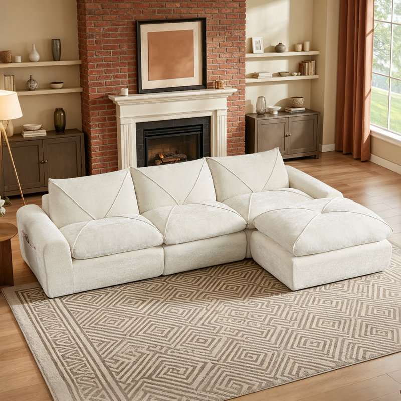 Balendin Feather Down Boneless L-Shaped Sectional Sofa, Apartment Couch with Ottoman,Modular, Beige Linen