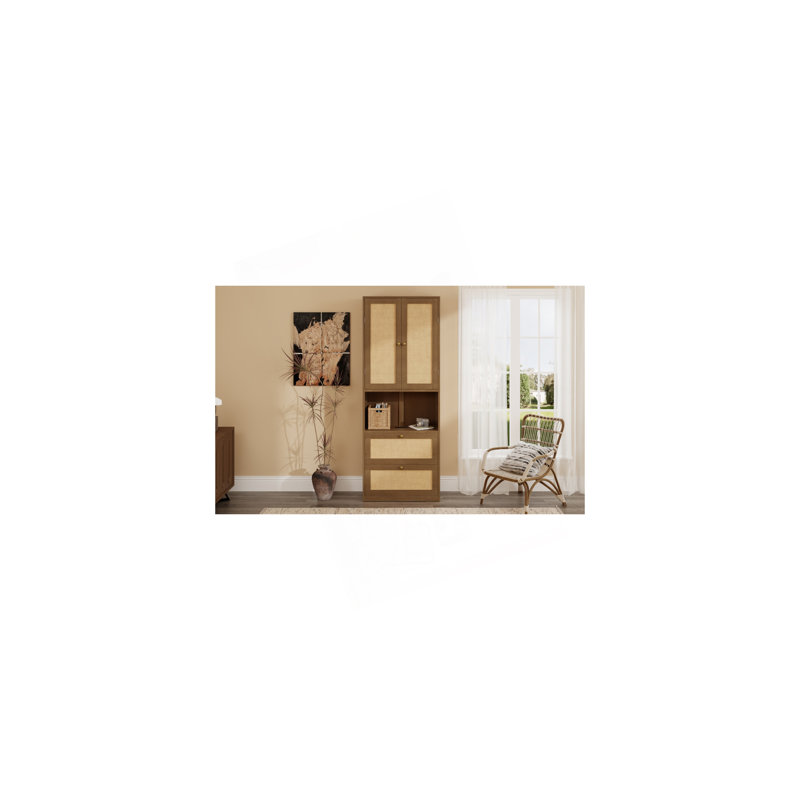 Bibliothèque 2 portes avec port USB et 3 tiroirs, armoire latérale, Noyer