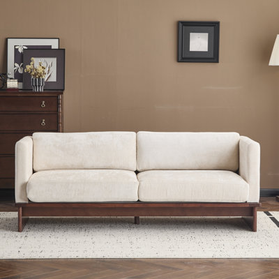 77" Square Arm Modern 3-Seater Upholstered Sofa Couch With Solid Wood Base (Beige)