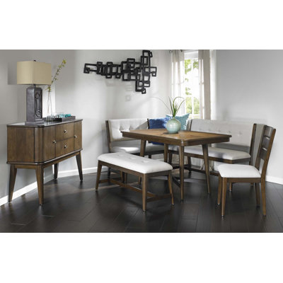 Banc de salle à manger rembourré sans dossier avec sièges Mid-Century, finition cerisier, tissu en polyester et fabrication robuste