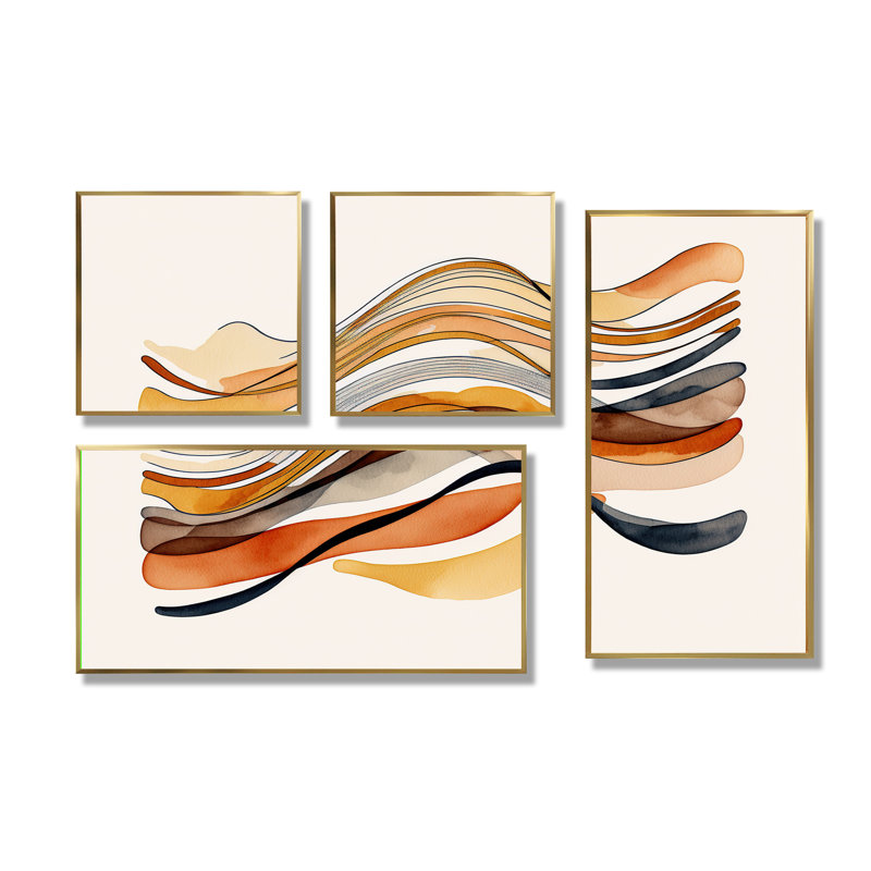 «Burnt Orange Waves Abstract I» - Décoration murale moderne jaune 4 pièces, Impression encadrée sans passe-partout, Doré