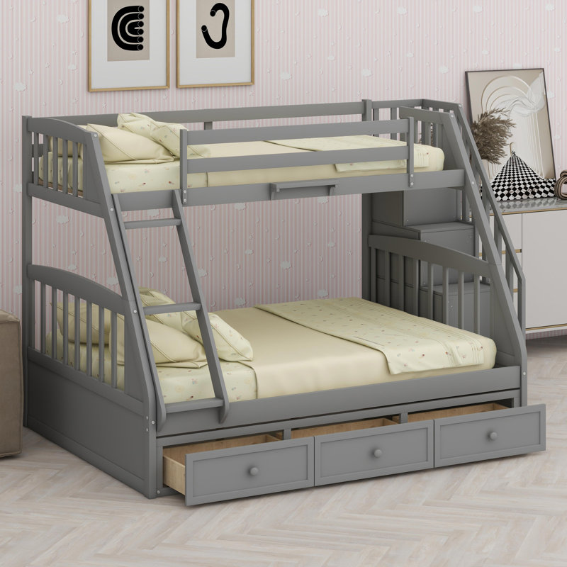 Lit superposé avec tiroirs, échelle et escalier de rangement, Gris