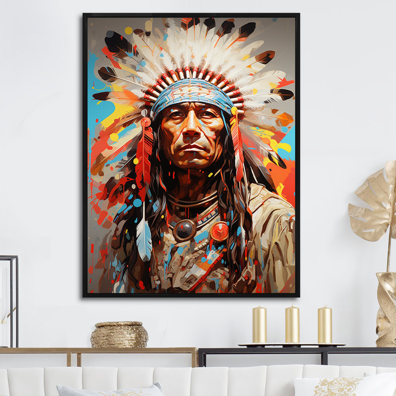 Native American Warrior Portrait - Art mural américain encadré, Cadre flottant noir, H 44 po x l 34 po x P 1,5 po
