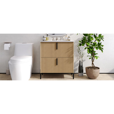 Meuble-lavabo de 30 po, lavabo en céramique, tiroirs d'extension, glissières de tiroir encastrées à fermeture en douceur, conception cannelée fabriquée à la main, texture naturelle, petites salles de bain, meuble-lavabo fonctionnel de 30 po avec lavabo