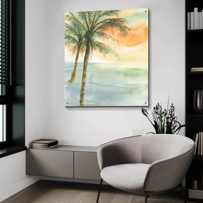 Art mural en verre épique «Island Sunset 1» par Chris Paschke, 36 po x 36 po