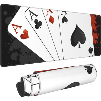 Four Aces Poker Playing Cards Large Mouse Pad, Gaming Desk Mat, XXL Non-Slip Rubber Base Computer Pad with Durable Stitched Edges for Work and Play, 15.7 x 31.5 in