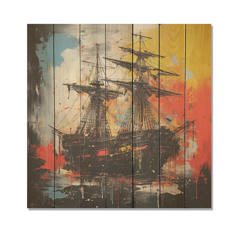 Popart Pirate Ship Sunset - pirate sur bois, H 15 po x l 15 po