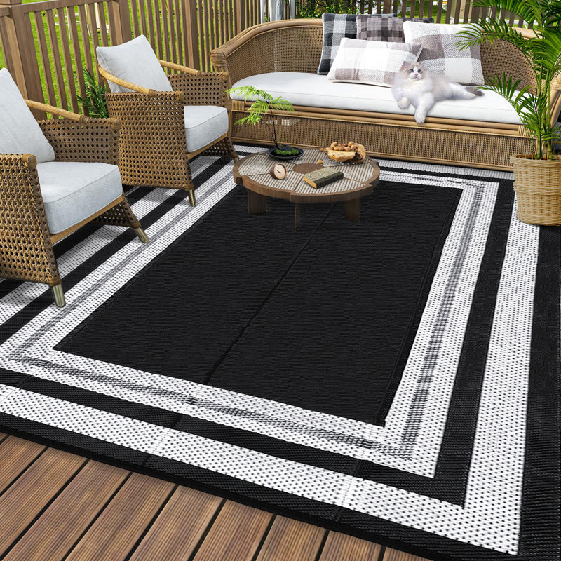 Outdoor Rug Waterproof Reversible – Modern Plastic Straw Patio Carpet for Porch, RV, Deck, Balcony, Camping & Beach – Durable Washable, Black and White, USA, 8x10ft (244x305cm)