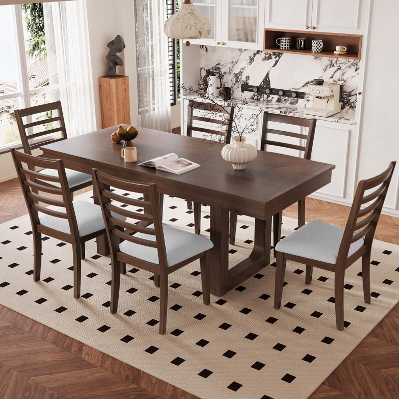 Ensemble de table de salle à manger 7 pièces, table extensible avec rallonge de 18 po et 6 chaises rembourrées, Noyer