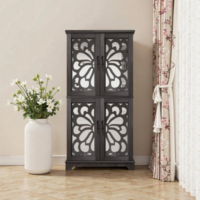 Armoire buffet 34,37 pouces en acrylique brun foncé à porte miroir avec tablettes réglables - Rangement polyvalent pour le salon, la cuisine ou la chambre à coucher
