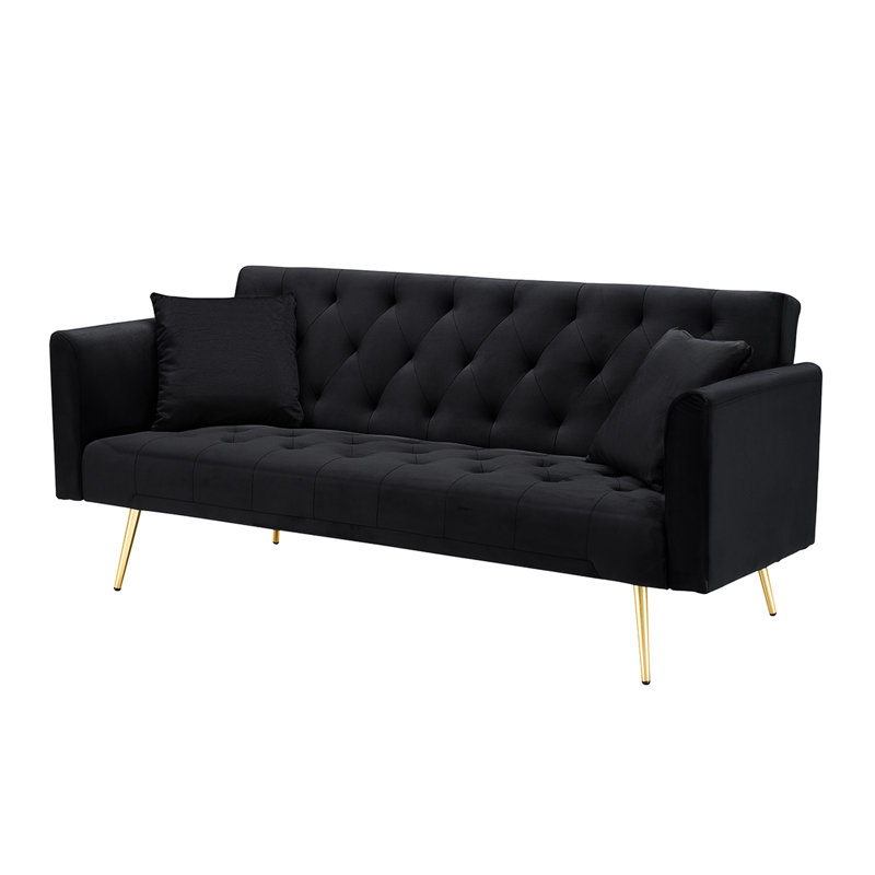71 - Inch Foldable Double Bed, American Retro Style, Black Velvet Upholstery, Small , 2 Seating Capacity Velvet, Living Rooms, Adjustable Postures, Seats