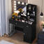 Bureau de meuble-lavabo avec poignées à boutons en cristal, miroir haute définition, 3 modes et structure de verre de sécurité pour port de chargement noir, 2 tiroirs avec options d'éclairage-735280041