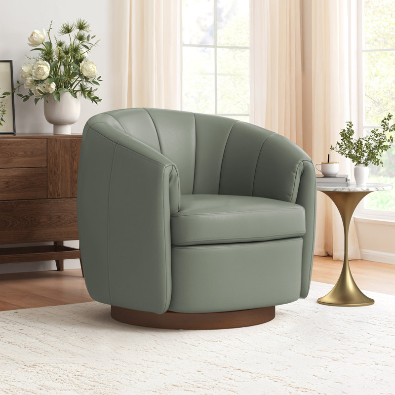 Seraphina Top Grain Leather Swivel Barrel Chair, Grayish Green
