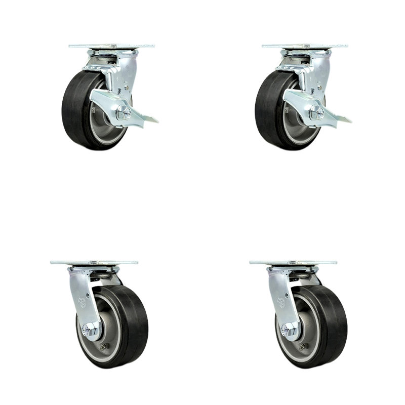 5 Inch Rubber on Aluminum Caster Set with Roller Bearings 4 Swivel Lock 2 Brake|SCC-30CS520-RAR-TLB-BSL-2-BSL-2