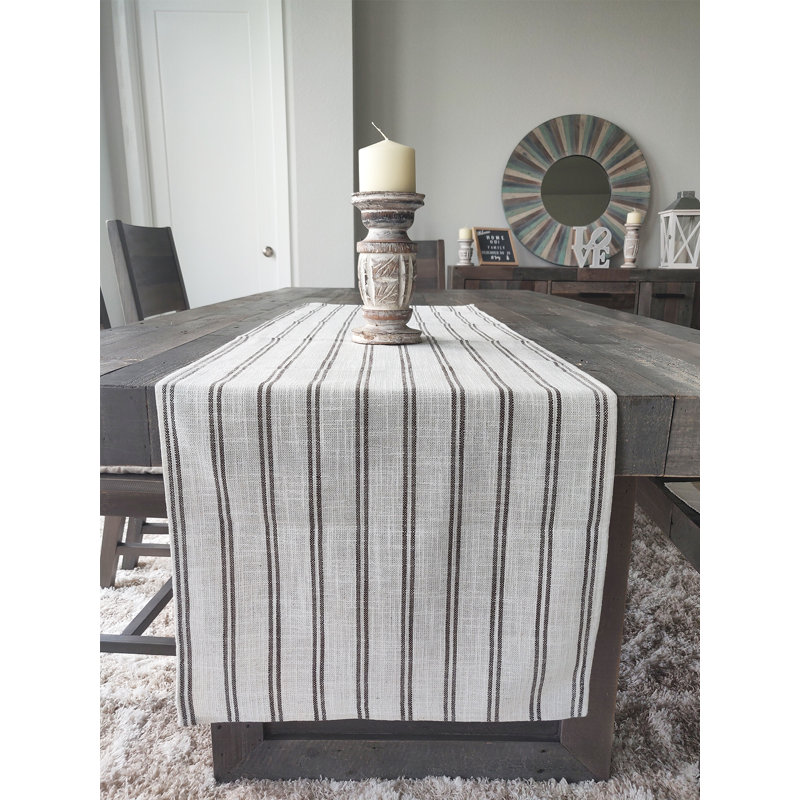 Beige-white Modern Striped Linen Blend Table Runner, 90" x 16" , Slate/White