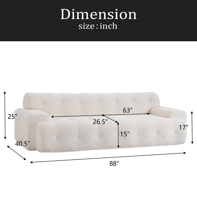 Canapé 88 places 3 places avec canapé capitonné confortable, Tissu blanc neige