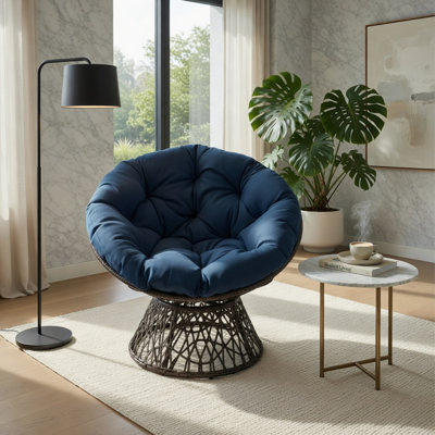  Méridienne pivotante Papasan avec coussin épais touffeté, fauteuil rond en rotin de PE pour salon, chambre à coucher ou patio, capacité de 350 lb, rotation à 360 °, bleu marine