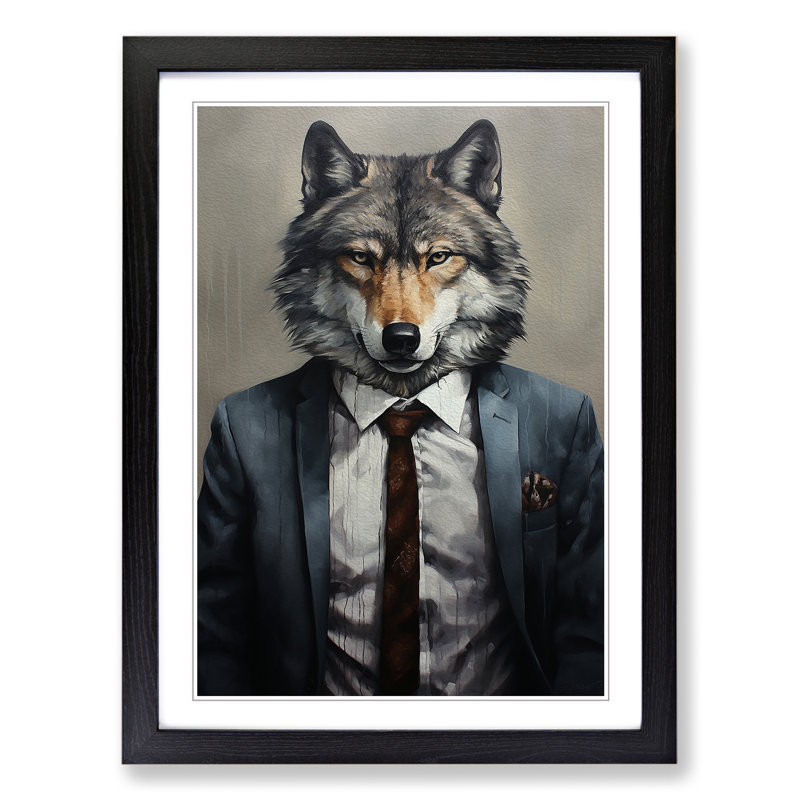 XYZ-FRM-V1223-1694 Wolf In A Suit Painting - Single Picture Frame Print on Wood, 64cm H x 46cm W x 2cm D, Black 
