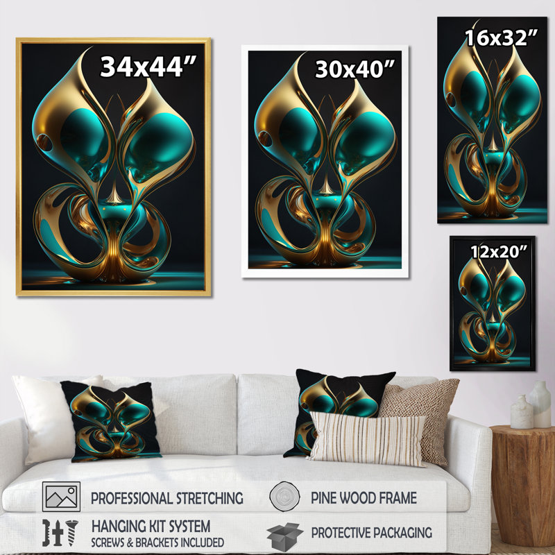 Rhyth of Infinity 3D Turquoise Gold Sphere I - Abstract Fractal, art mural, H 32 po x l 16 po x P 1 po, Cadre flottant doré