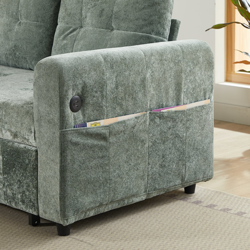 Canapé-lit convertible moderne en chenille capitonné avec ports USB et rangement, Vert antique