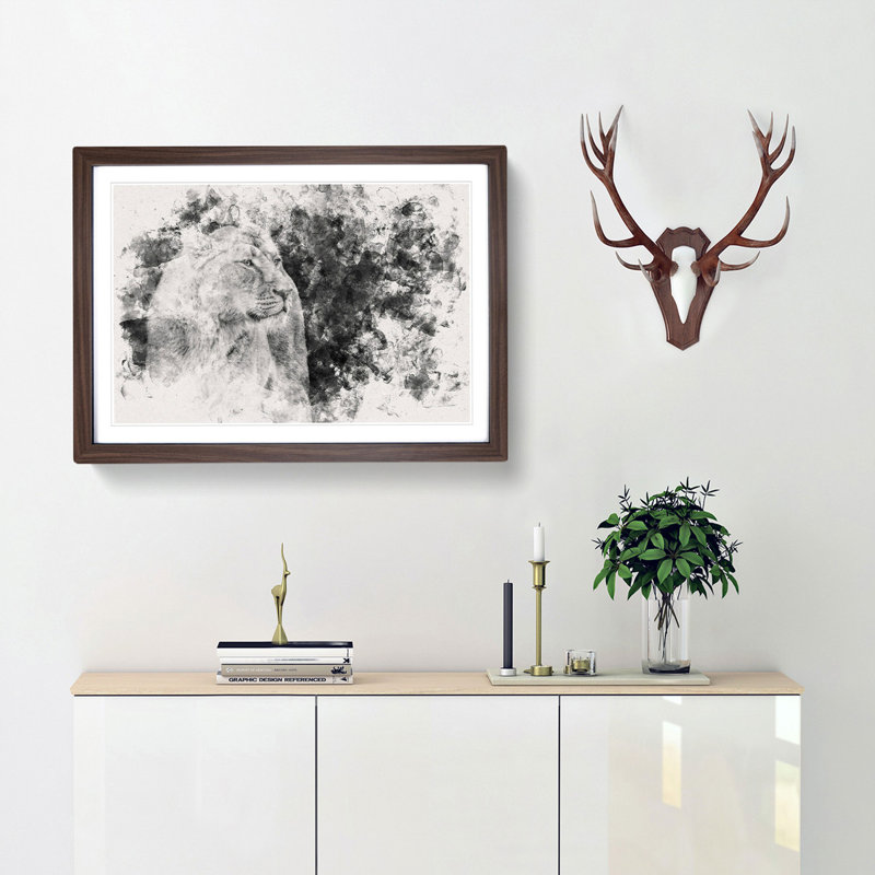 Wild Lioness Watercolour - Framed Print, 35cm H x 50cm W x 2cm D, Walnut