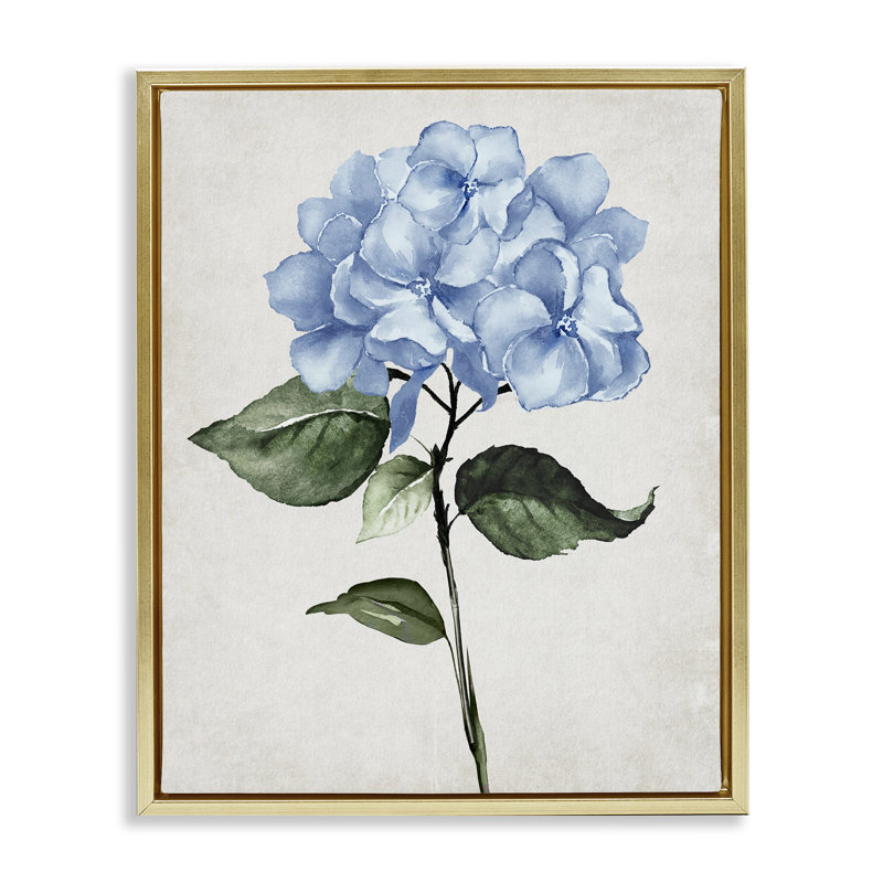 "Blue Hydrangea Stem", art mural Val Val, H 21 po x l 17 po, Cadre flottant métallique doré