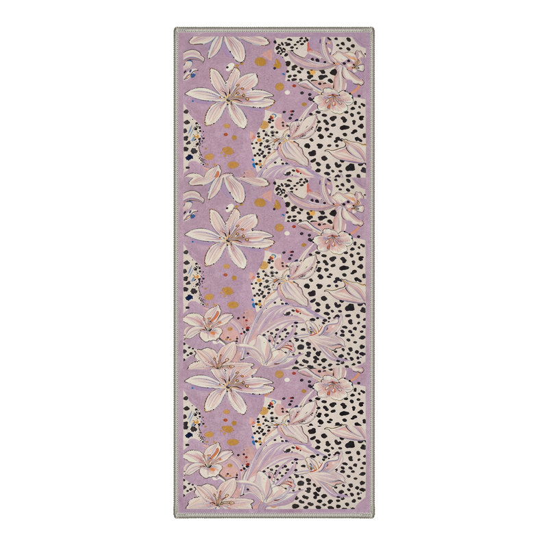 Inspired Machine Washable Beige / Purple Indoor Area Rug with Non-Slip Backing, Runner 2' x 6'