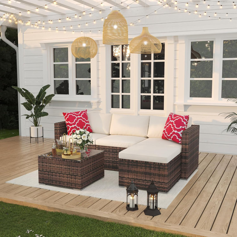 5 Piece Outdoor Rattan Patio Sofa Set with Storage Table and Footstool for Garden, Beige, Brown